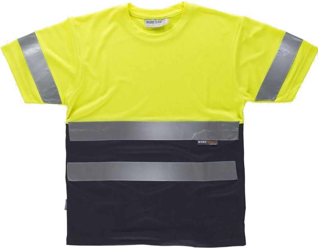 Work Team Camiseta Manga Corta de Trabajo, Alta Visibilidad y Cintas Reflectantes, EN ISO 20471. Unisex Amarillo A.V.+Marino L
