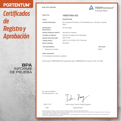 PORTENTUM Papel freidora aire 100 unidades de 20-24 cm Cuadrado. Papel Air Fryer Grado alimenticio BPA free, FDA y LFGB