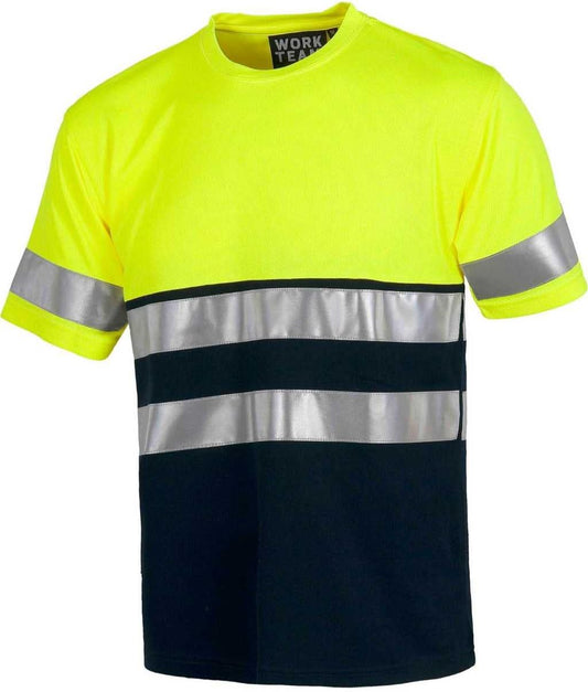 Work Team Camiseta Manga Corta de Trabajo, Alta Visibilidad y Cintas Reflectantes, EN ISO 20471. Unisex Amarillo A.V.+Marino L