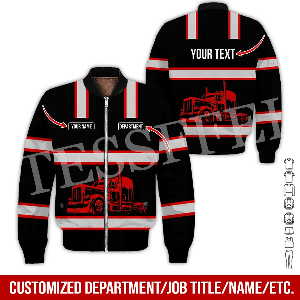 Custom Name Cosplay Worker Heavy Equipment Tow Truck Retro 3D Print Bomber Jacket Winter Harajuku Oversize Casual Flight Coat X1