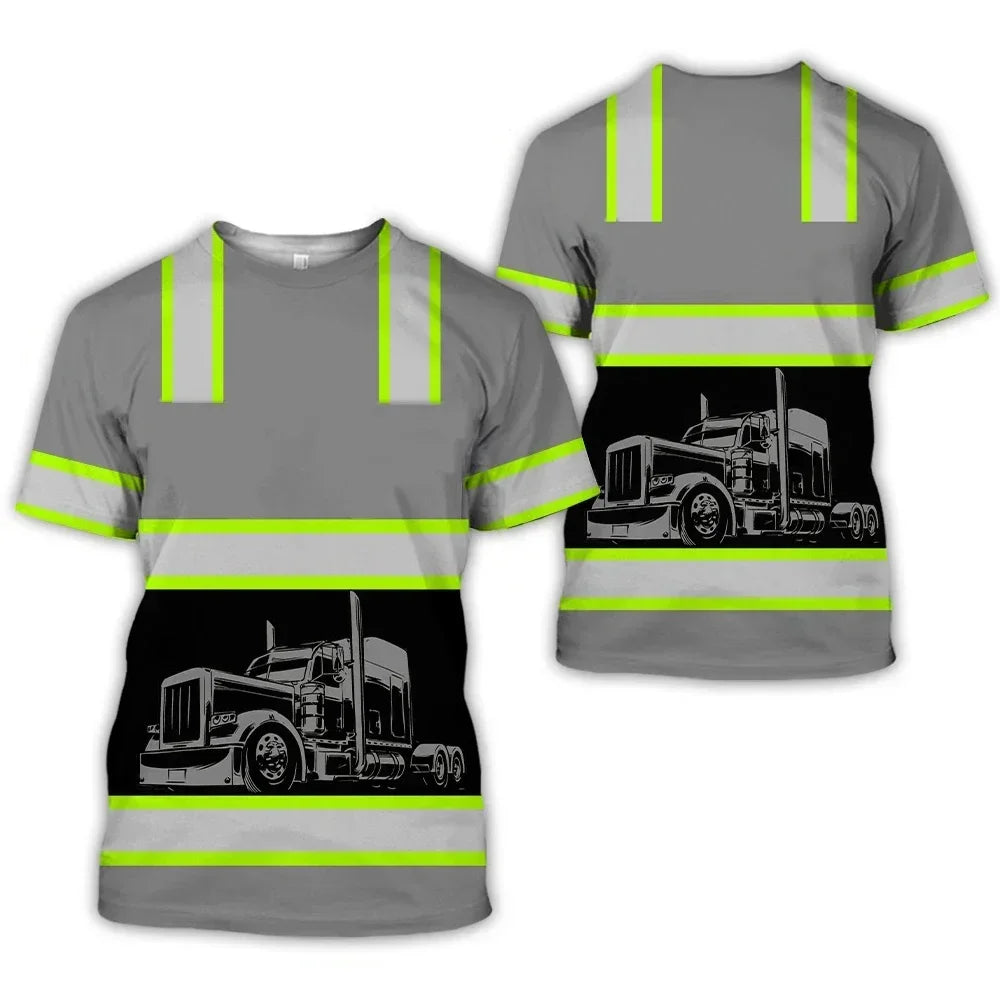 Workwear Summer Breathable Mens T Shirt 3D Print Style Truck Driver Safety Transport Uniform Oversize Loose Top