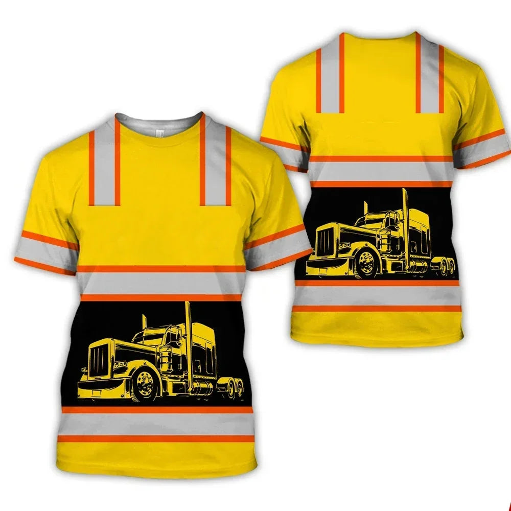 Workwear Summer Breathable Mens T Shirt 3D Print Style Truck Driver Safety Transport Uniform Oversize Loose Top