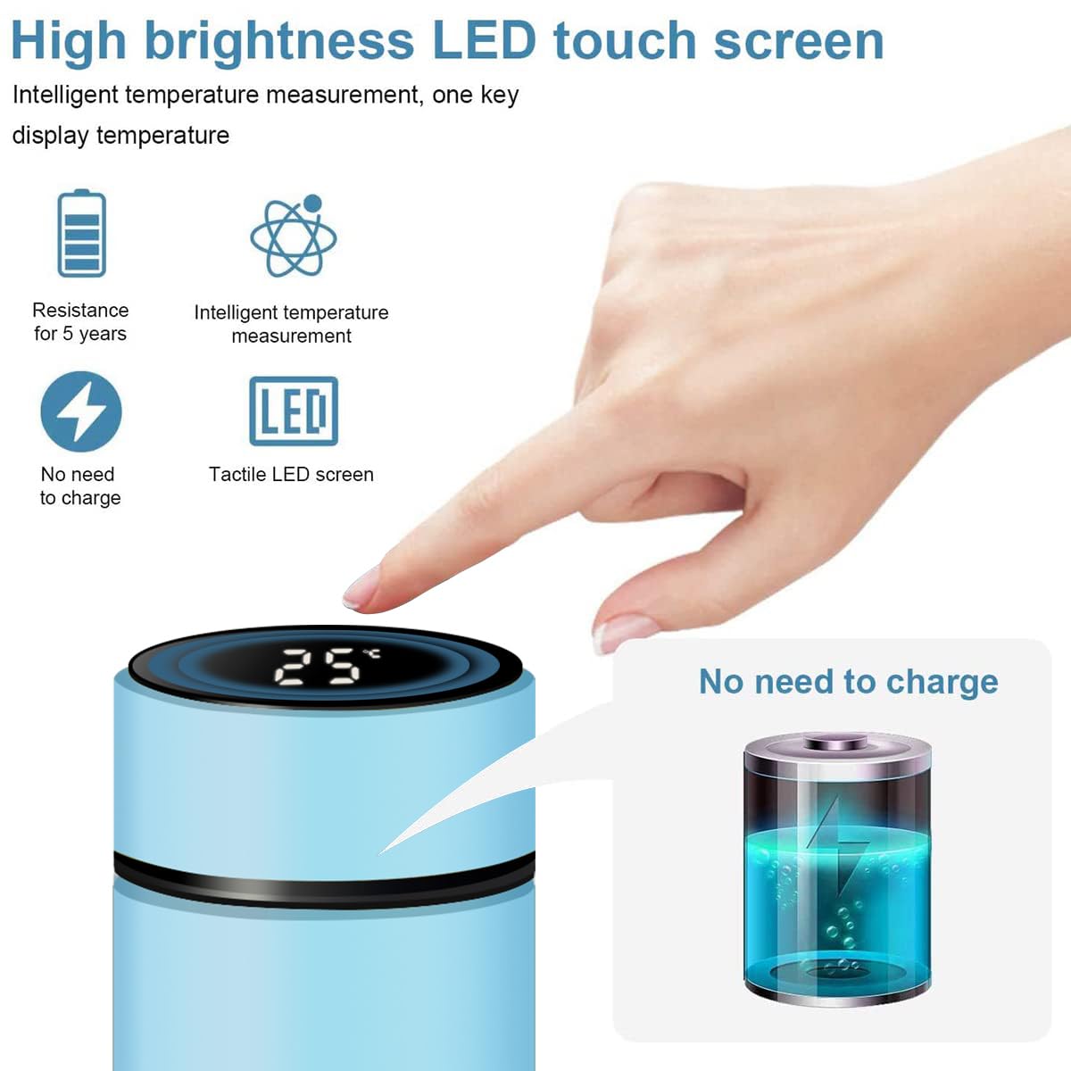 Botella de agua inteligente de acero inoxidable, termo, taza de viaje con pantalla táctil LCD inteligente, mantiene caliente o frío, portátil, para té, café, vacío, aislamiento al vacío en paredes