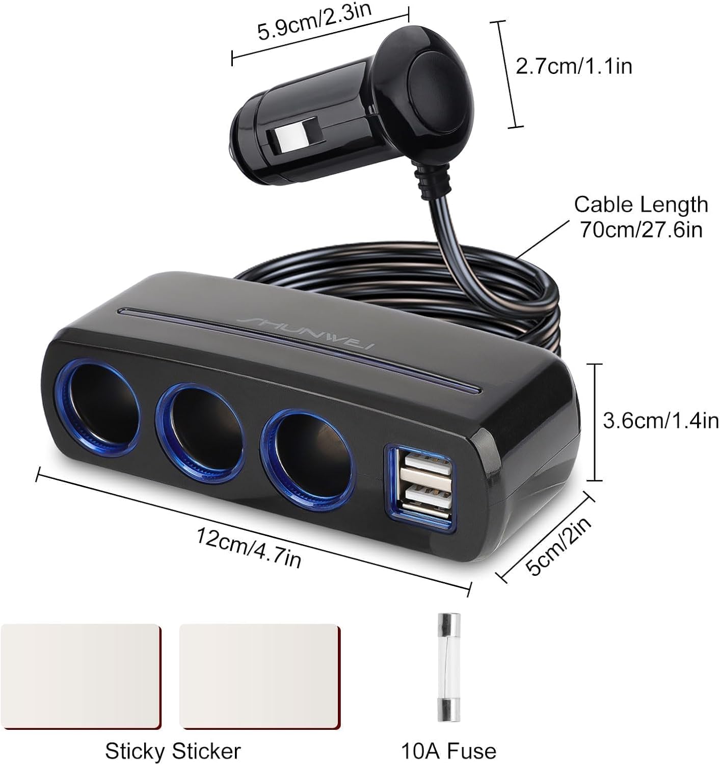 Linkstyle Adaptador de Encendedor de Cigarrillos, Cargador de Coche con 3 Tomas y Dos Puertos USB Divisor de Carga rápida para 12V/24V Dispositivos de Coche