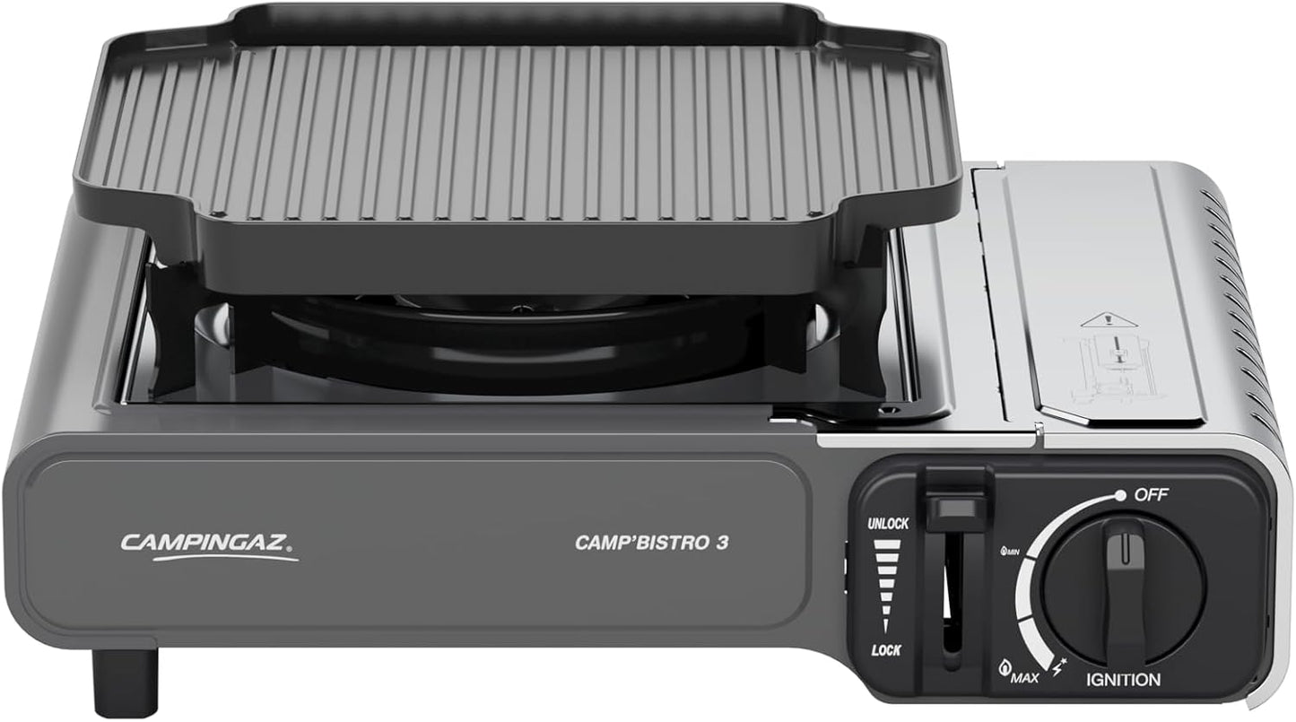 Campingaz Camp Bistro 3 Combo Hornillo y Plancha | Hornillo Camping de 1 Quemador | 2200 vatios | Cocina portátil compacta para Exteriores | Incluye Estuche de Transporte para facilitar su Transporte