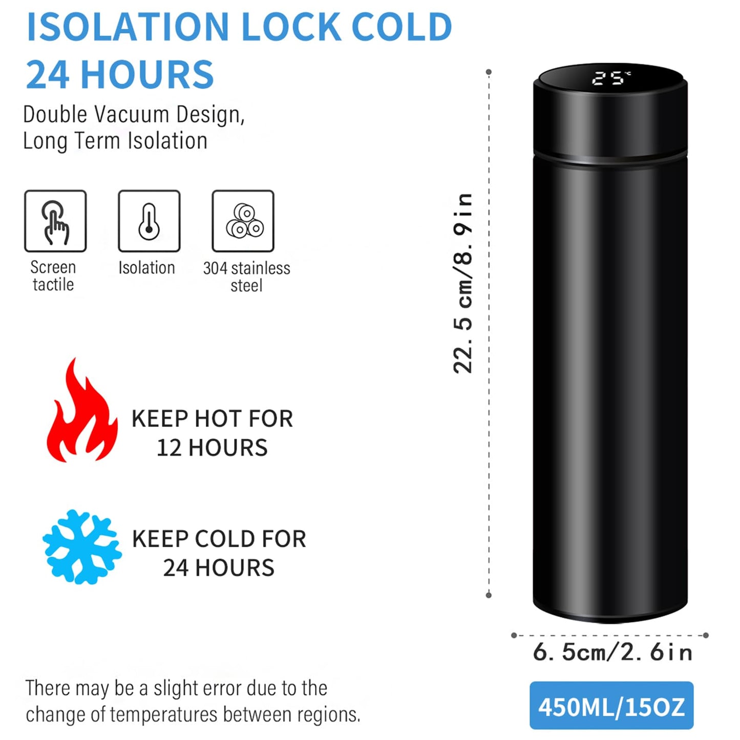 Botella de agua inteligente de acero inoxidable, termo, taza de viaje con pantalla táctil LCD inteligente, mantiene caliente o frío, portátil, para té, café, vacío, aislamiento al vacío en paredes