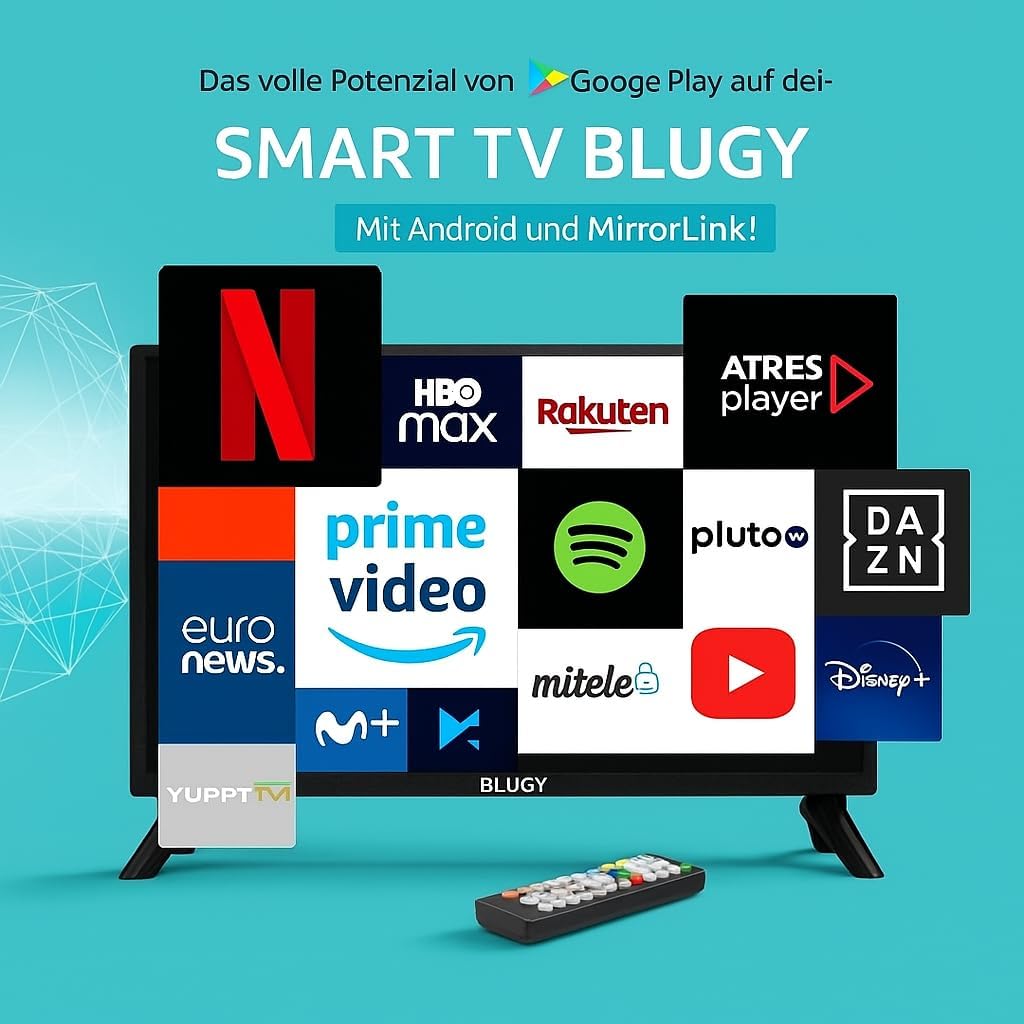 BLUGY Televisión Smart 21.5" LED HD 12V 1920x1080 Píxeles, Travel TV Ideal para vehículos, caravanas, Camiones, Barco, Altavoz Integrado Disney+ Netflix Youtube [Clase de eficiencia energética A]