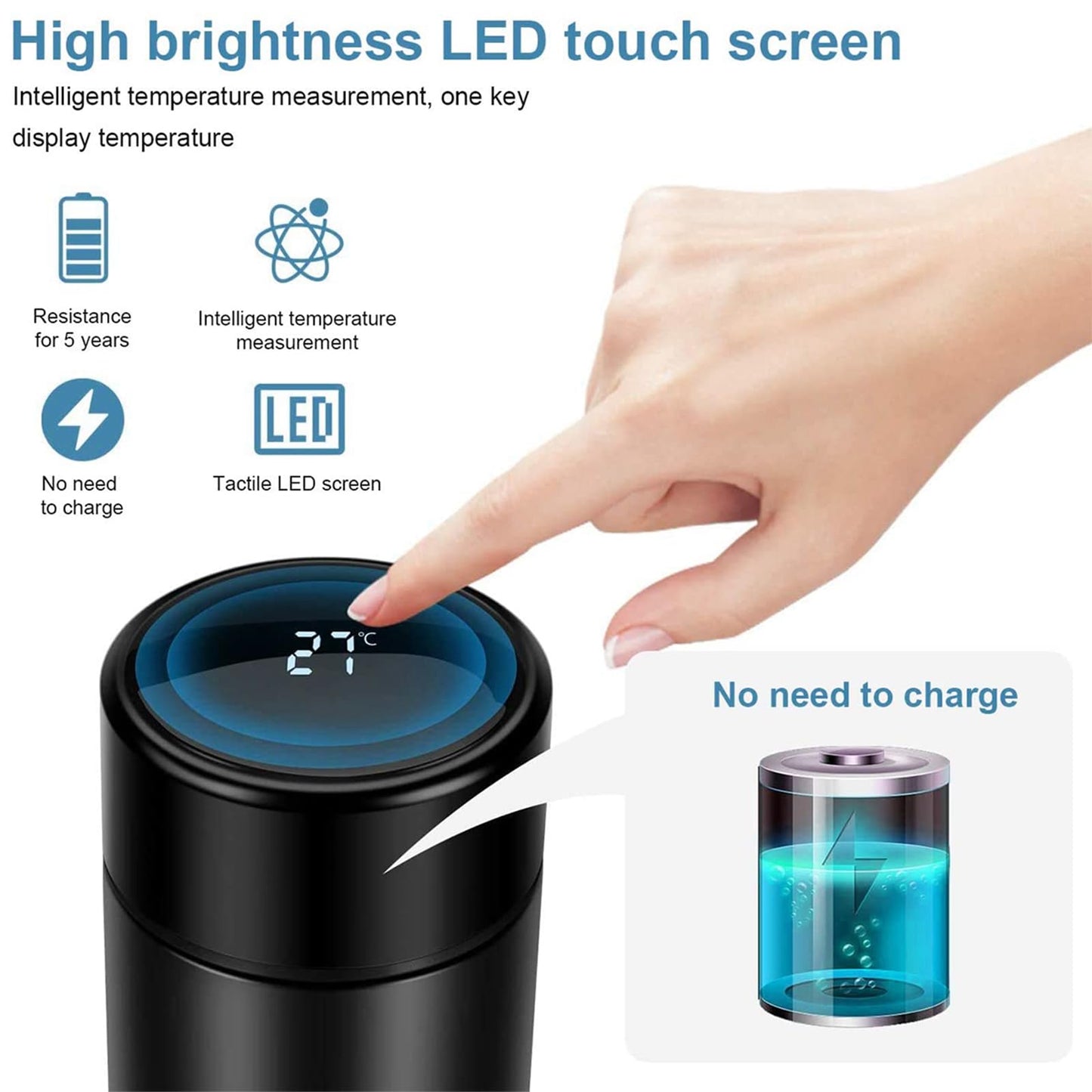 Botella de agua inteligente de acero inoxidable, termo, taza de viaje con pantalla táctil LCD inteligente, mantiene caliente o frío, portátil, para té, café, vacío, aislamiento al vacío en paredes
