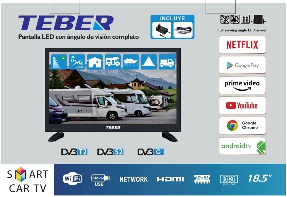 TEBER. Smart TV de 18,5 Pulgadas - 12v/24v/230v - Android 11 - Full HD. Gran resolución 1920x1080. DVB-S2/C/T2/T. para autocaravanas, cocinas, dormitorios, Campers, Barcos, Camiones (19").