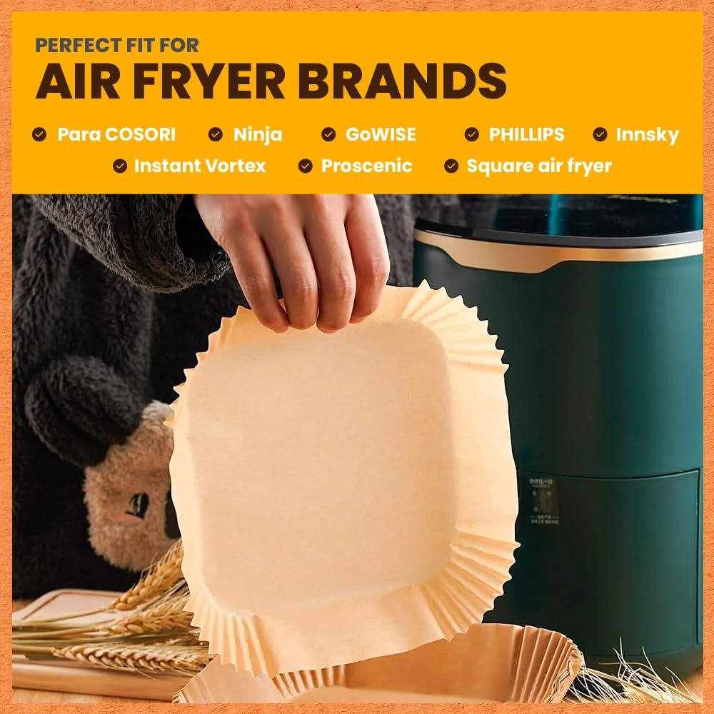 PORTENTUM Papel freidora aire 100 unidades de 20-24 cm Cuadrado. Papel Air Fryer Grado alimenticio BPA free, FDA y LFGB
