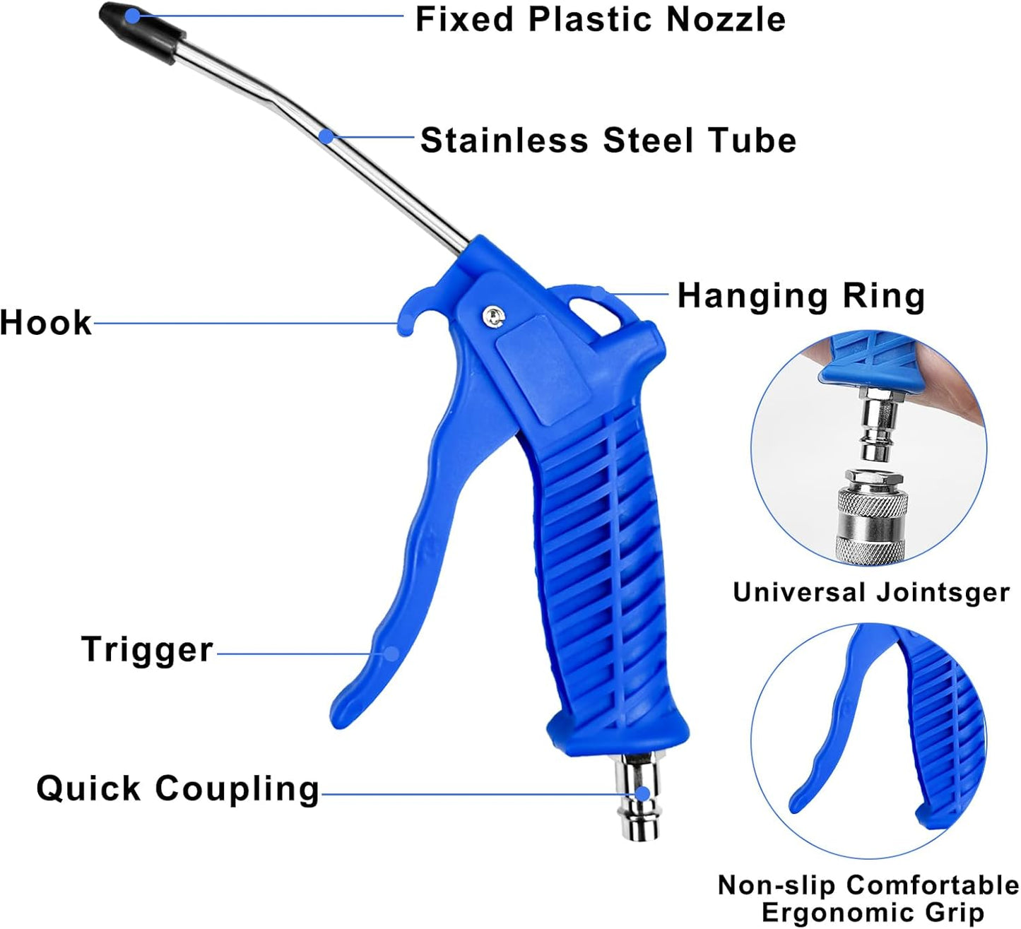 WinGluge Pistola de Aire Comprimido, Pistola de Aire para Camiones con 5m Manguera Aire Comprimido y Conector en T, Pistola de Aire Soplado Kit de limpieza, para Camión, Camión y Coche(Azul)