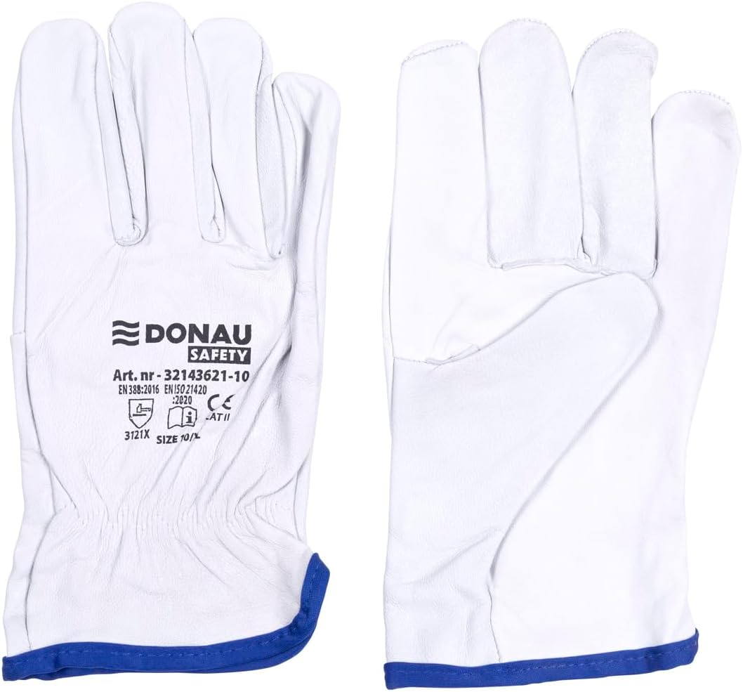 DONAU SAFETY Guantes de trabajo premium de piel de cabra / 1 par/talla 11/XXL/blanco/guantes de piel con muñeca elástica, guantes de montaje, guantes de seguridad para conductor, guantes de seguridad