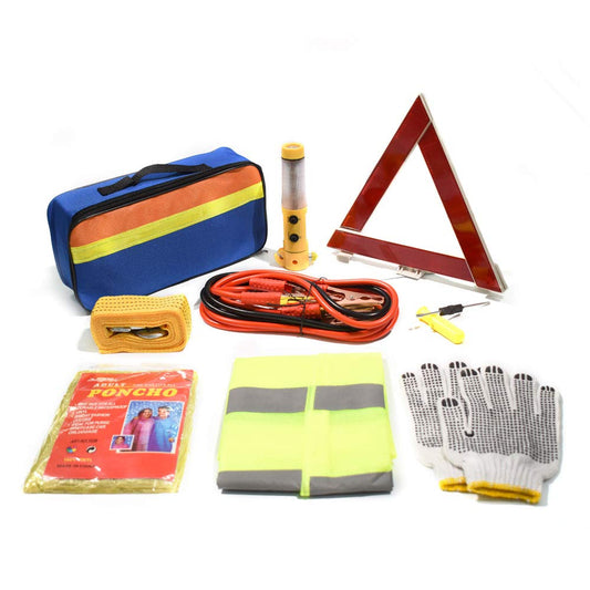 TourKing Kit de emergencia de asistencia en carretera, 9 piezas, herramienta de emergencia para coche, kit de seguridad para viajes europeos con cuerda de remolque, accesorio ideal para camiones, SUV