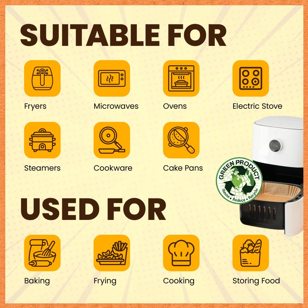 PORTENTUM Papel freidora aire 100 unidades de 20-24 cm Cuadrado. Papel Air Fryer Grado alimenticio BPA free, FDA y LFGB