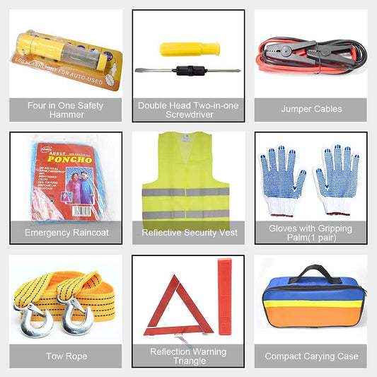 TourKing Kit de emergencia de asistencia en carretera, 9 piezas, herramienta de emergencia para coche, kit de seguridad para viajes europeos con cuerda de remolque, accesorio ideal para camiones, SUV