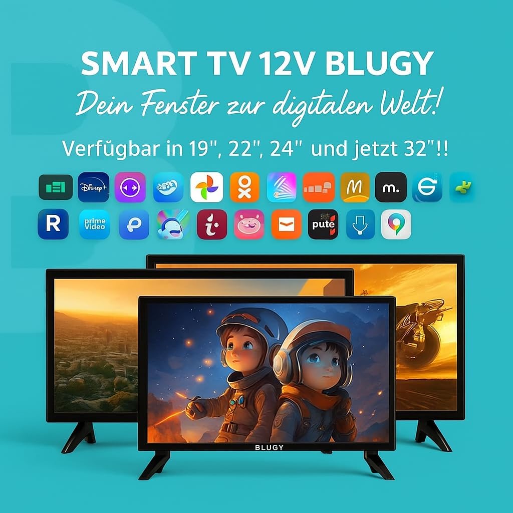 BLUGY Televisión Smart 21.5" LED HD 12V 1920x1080 Píxeles, Travel TV Ideal para vehículos, caravanas, Camiones, Barco, Altavoz Integrado Disney+ Netflix Youtube [Clase de eficiencia energética A]