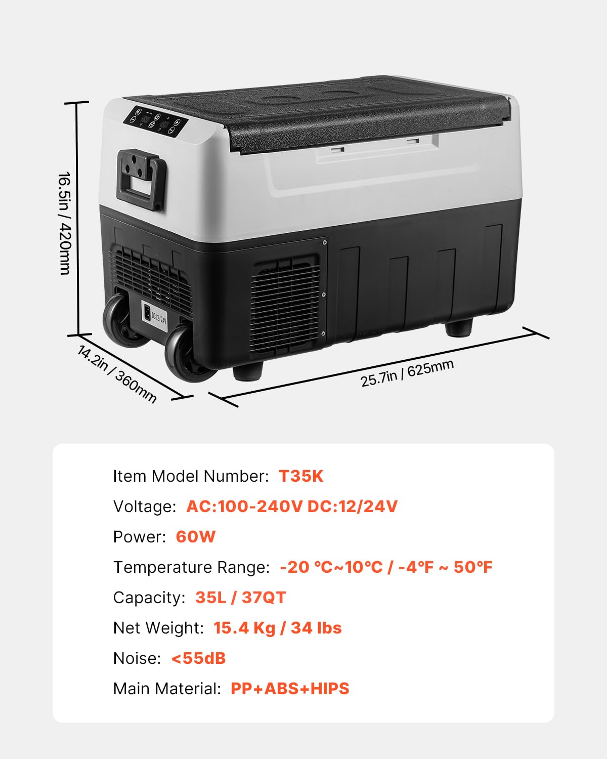VEVOR Nevera Eléctrica Portátil de 35 L Nevera Portátil para Coche 12/24 V CC 100-240 V CA Nevera de Una Zona para Coche 0,6 kW.h -20 °C a 10 °C Congelador Ajustable para Camión Barco Camping