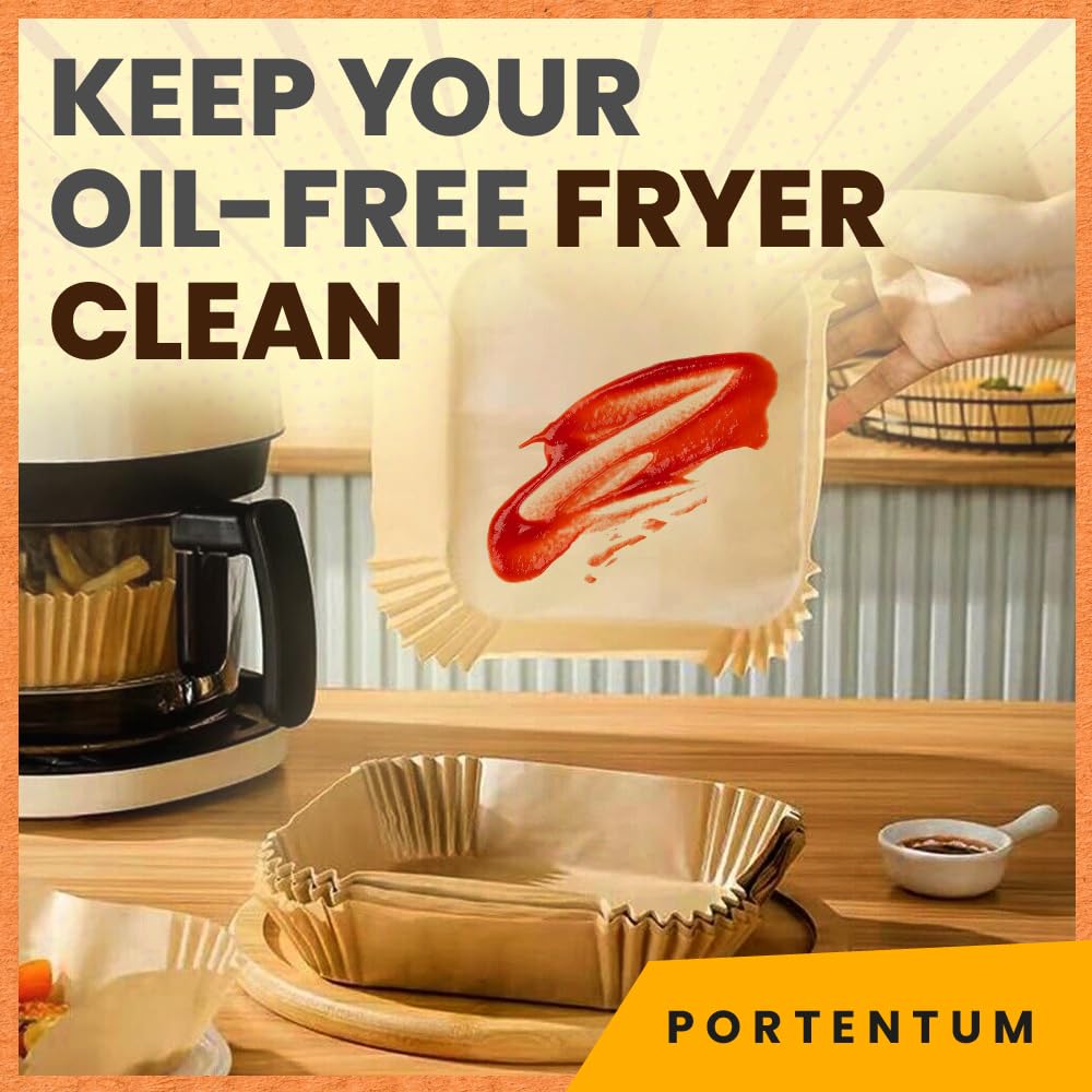 PORTENTUM Papel freidora aire 100 unidades de 20-24 cm Cuadrado. Papel Air Fryer Grado alimenticio BPA free, FDA y LFGB