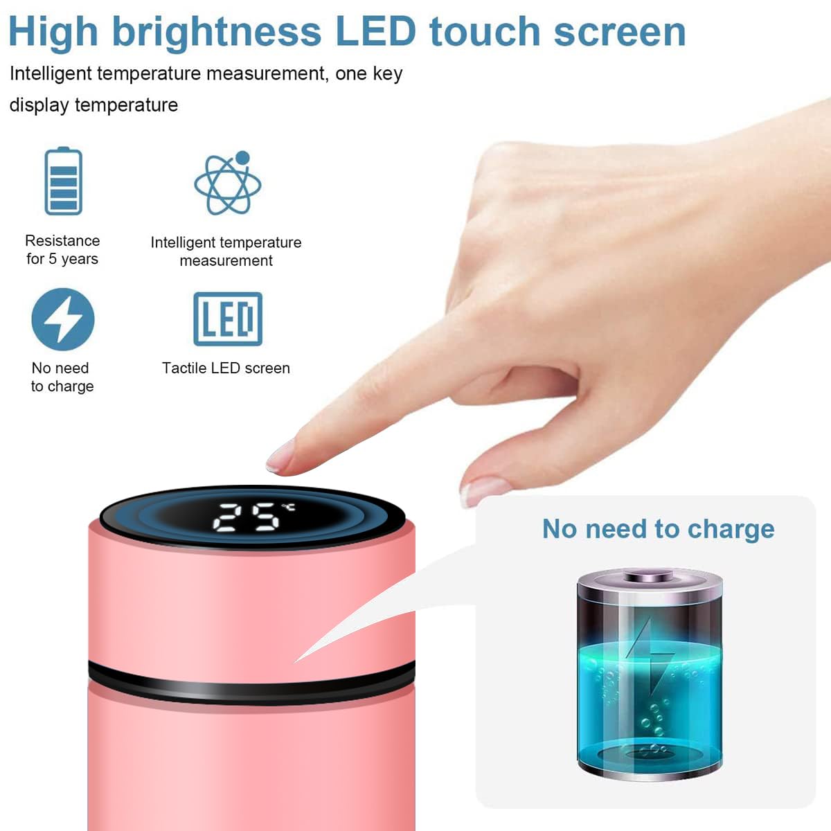 Botella de agua inteligente de acero inoxidable, termo, taza de viaje con pantalla táctil LCD inteligente, mantiene caliente o frío, portátil, para té, café, vacío, aislamiento al vacío en paredes