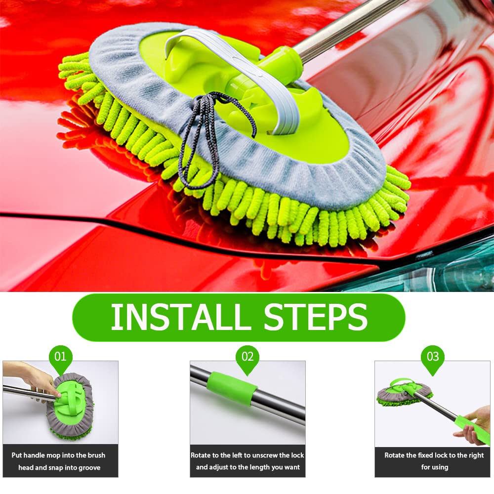 47.5" Cepillo Lavar Coche con Mango Brocha Kit Limpieza Autocaravana Automoviles Vehículos Camiones Camper 2 en 1 Chenille Microfibra Car Wash Brush Accesorios Carro No Dañar Pintura Libre Arañazos