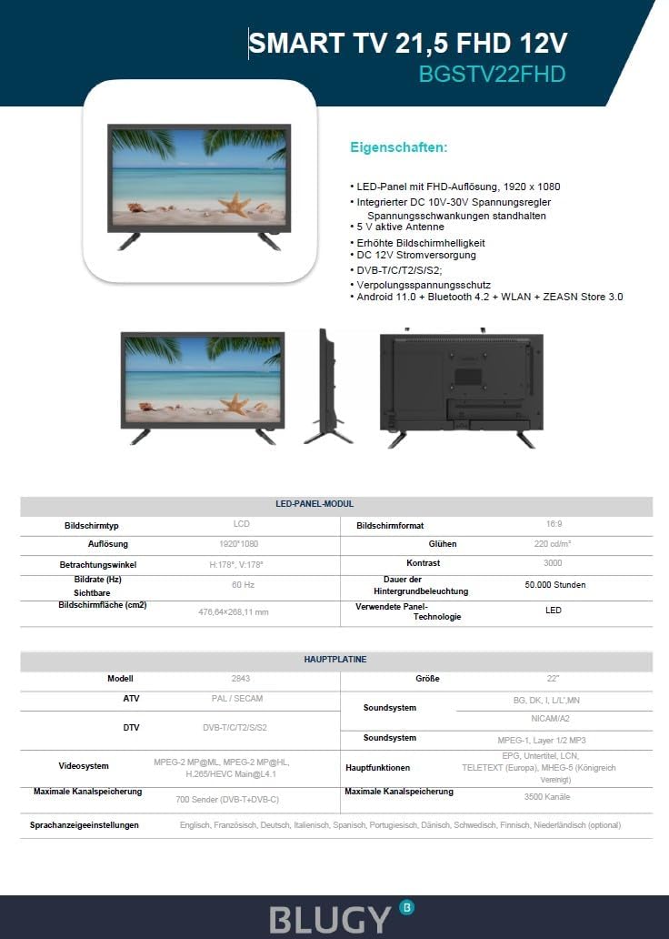 BLUGY Televisión Smart 21.5" LED HD 12V 1920x1080 Píxeles, Travel TV Ideal para vehículos, caravanas, Camiones, Barco, Altavoz Integrado Disney+ Netflix Youtube [Clase de eficiencia energética A]