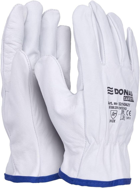 DONAU SAFETY Guantes de trabajo premium de piel de cabra / 1 par/talla 11/XXL/blanco/guantes de piel con muñeca elástica, guantes de montaje, guantes de seguridad para conductor, guantes de seguridad