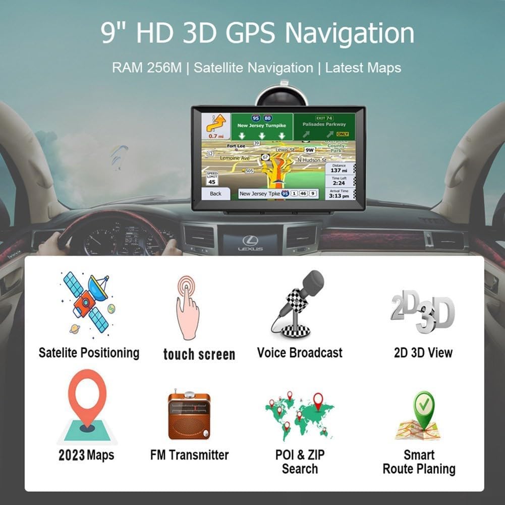 Zilimontt Navegador por satélite de 9 pulgadas para coche, camión, navegador GPS para coche, con mapas de Reino Unido, Europa y Francia, actualizaciones gratuitas de por vida, sistema de navegación