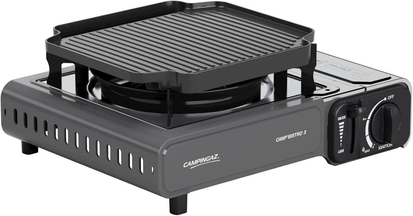 Campingaz Camp Bistro 3 Combo Hornillo y Plancha | Hornillo Camping de 1 Quemador | 2200 vatios | Cocina portátil compacta para Exteriores | Incluye Estuche de Transporte para facilitar su Transporte