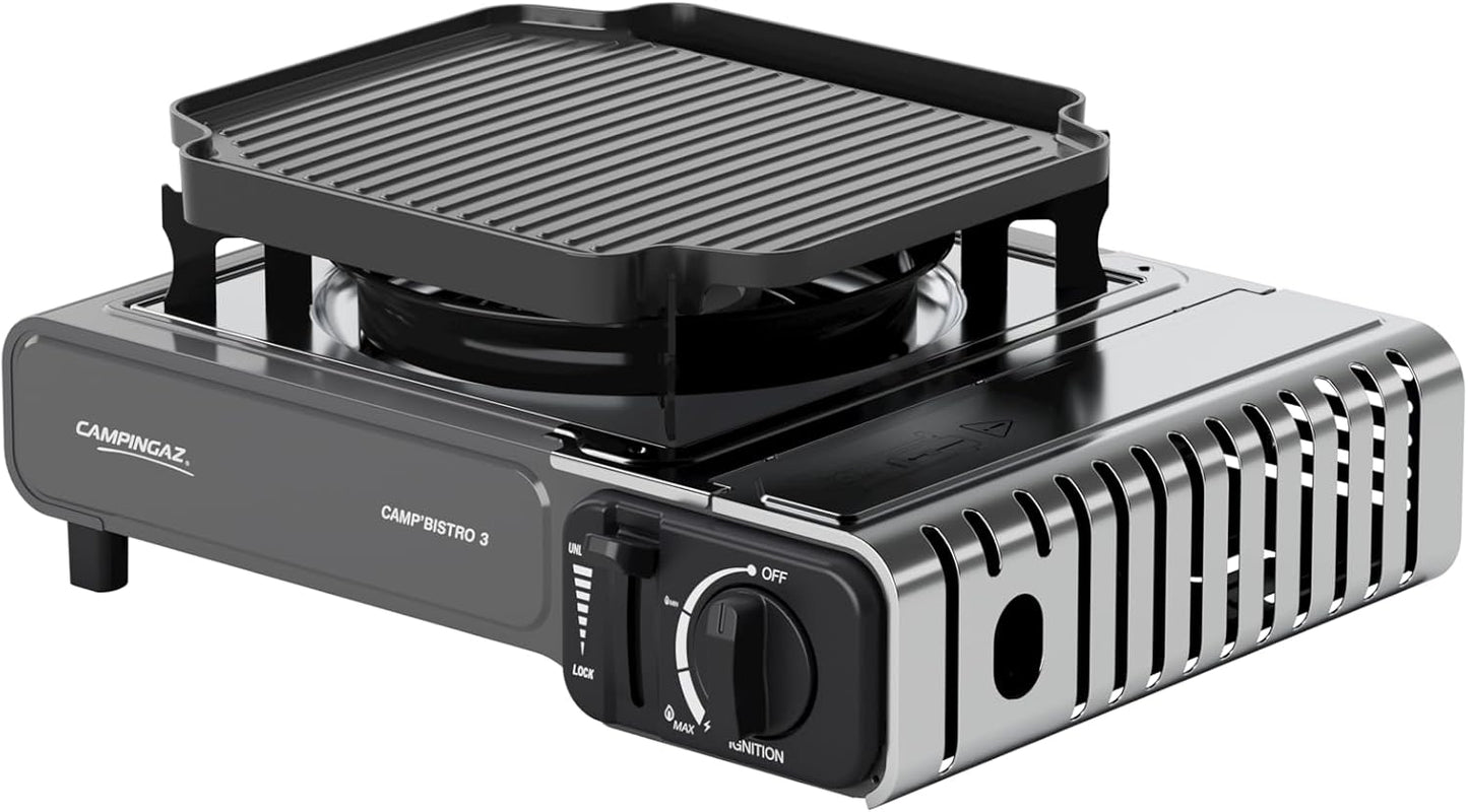 Campingaz Camp Bistro 3 Combo Hornillo y Plancha | Hornillo Camping de 1 Quemador | 2200 vatios | Cocina portátil compacta para Exteriores | Incluye Estuche de Transporte para facilitar su Transporte