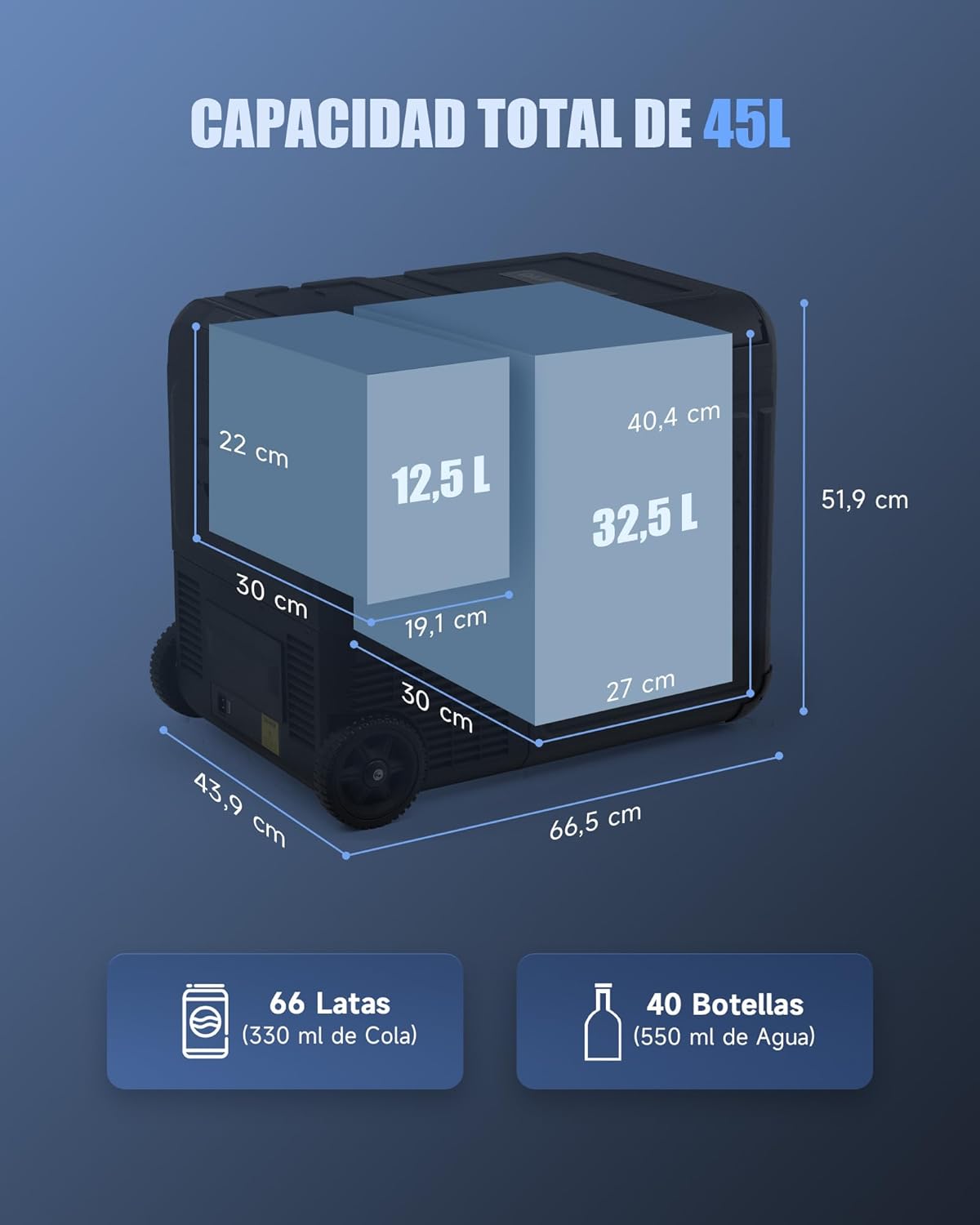 DARTMOOR Nevera Congelador para Coche, 45L Nevera de Vaje Compresor Portátil de Doble Zona con Ruedas, DC 12/24V y AC 100-240V, Nevera Eléctrica para Camping, Viajes -22°C a 20°C