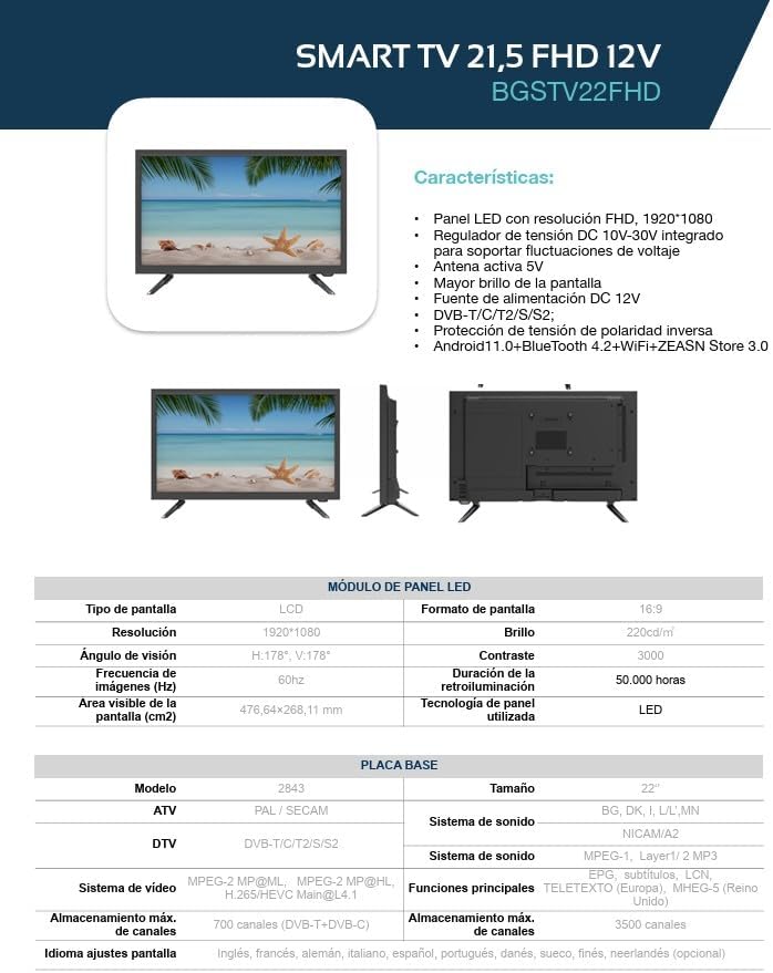 BLUGY Televisión Smart 21.5" LED HD 12V 1920x1080 Píxeles, Travel TV Ideal para vehículos, caravanas, Camiones, Barco, Altavoz Integrado Disney+ Netflix Youtube [Clase de eficiencia energética A]