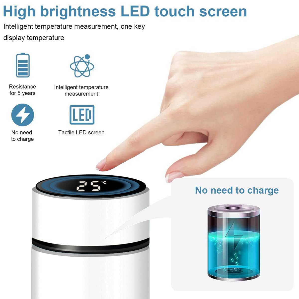 Botella de agua inteligente de acero inoxidable, termo, taza de viaje con pantalla táctil LCD inteligente, mantiene caliente o frío, portátil, para té, café, vacío, aislamiento al vacío en paredes