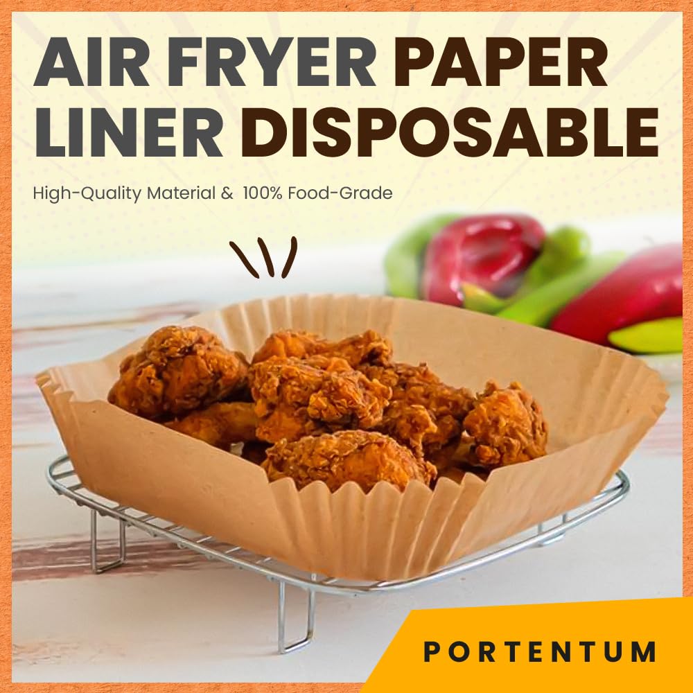 PORTENTUM Papel freidora aire 100 unidades de 20-24 cm Cuadrado. Papel Air Fryer Grado alimenticio BPA free, FDA y LFGB