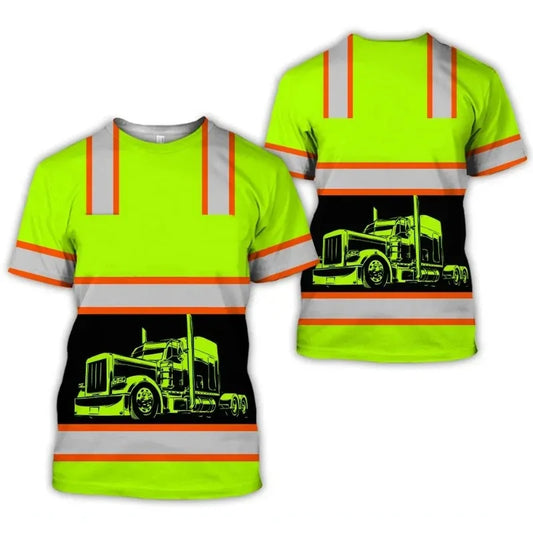 Workwear Summer Breathable Mens T Shirt 3D Print Style Truck Driver Safety Transport Uniform Oversize Loose Top