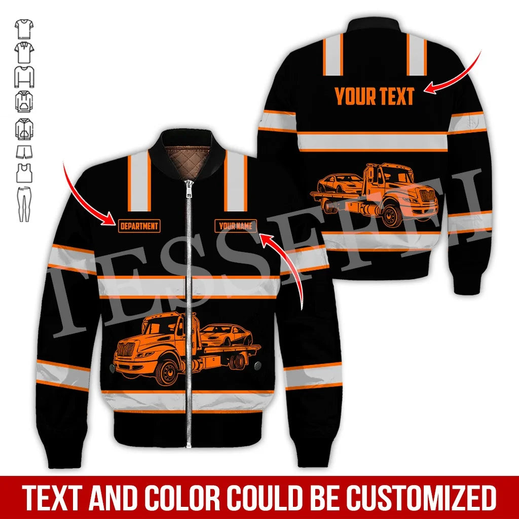 Custom Name Cosplay Worker Heavy Equipment Tow Truck Retro 3D Print Bomber Jacket Winter Harajuku Oversize Casual Flight Coat X1