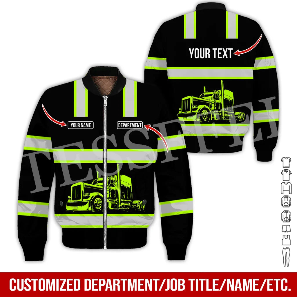 Custom Name Cosplay Worker Heavy Equipment Tow Truck Retro 3D Print Bomber Jacket Winter Harajuku Oversize Casual Flight Coat X1