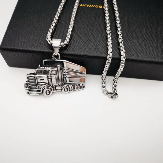 Retro Silver Stainless Steel Truck Pendant & Necklace Mens Cool Truck Driver hip hop Necklace Fashion Casual Jewelry
