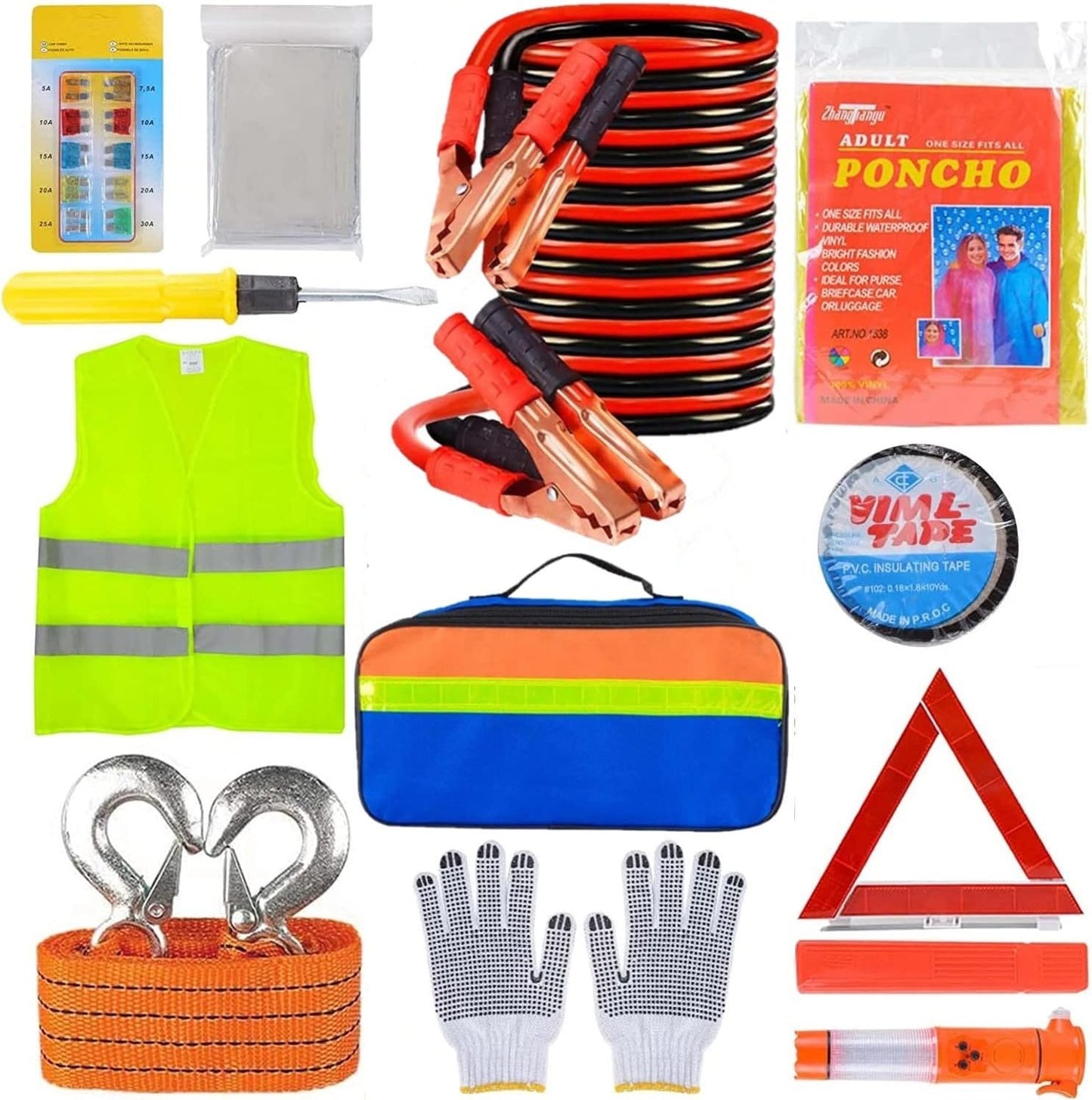 KAHEIGN 12 en 1 Kits de Emergencia para Automóviles, Kit de Reparación de Automóvile incluido Triángulo Peligroso, Visibilidad Chaleco, Remolque Cuerda, Martillo Utilitario, Plomo Salto, Coche Fusible