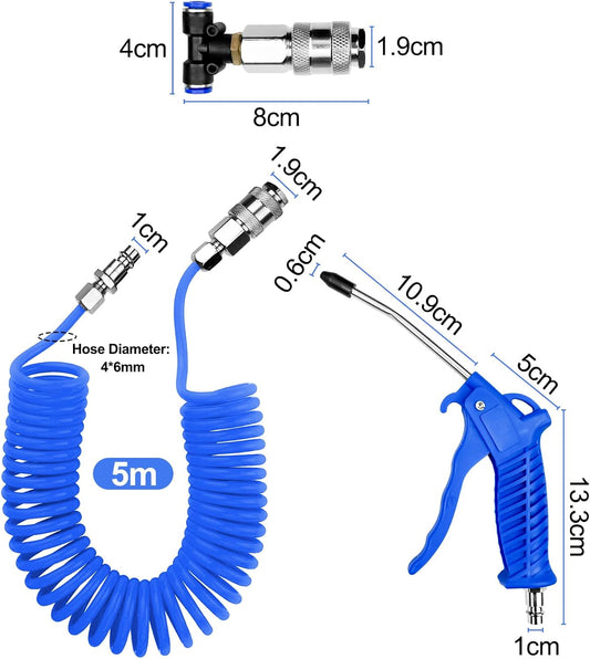 WinGluge Pistola de Aire Comprimido, Pistola de Aire para Camiones con 5m Manguera Aire Comprimido y Conector en T, Pistola de Aire Soplado Kit de limpieza, para Camión, Camión y Coche(Azul)
