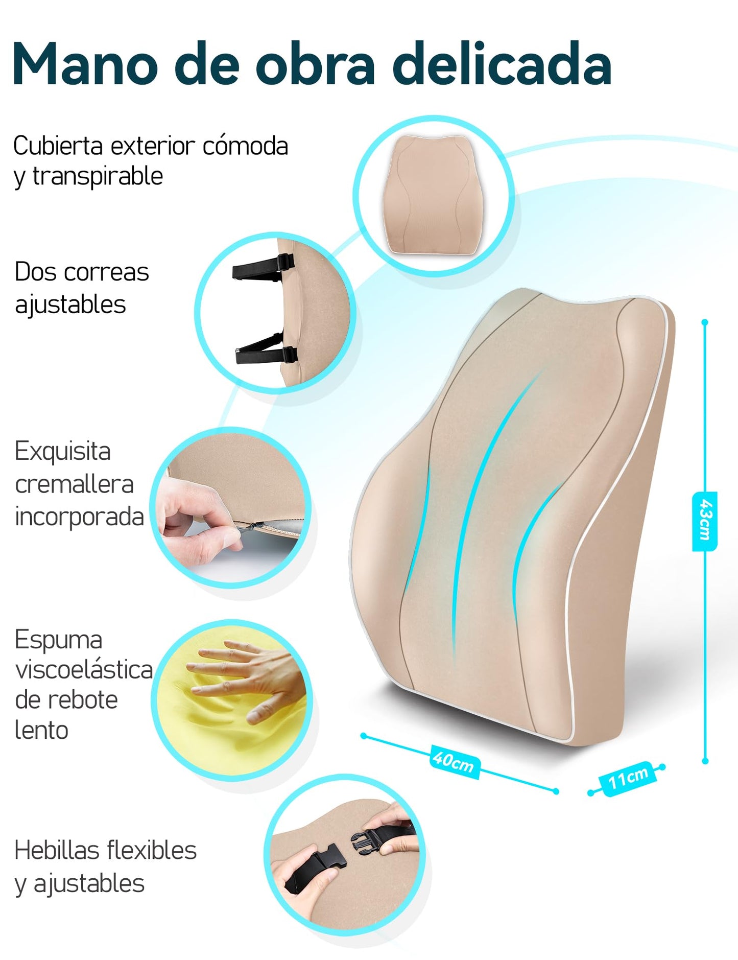 Travel Ease Cojín de Soporte Lumbar Ergonómico, Respaldo de Espuma Viscoelástica para Asiento de Automóvil, Silla de Oficina, Respaldo con Cubierta Antiestática y Correas Ajustables Dobles, Negro
