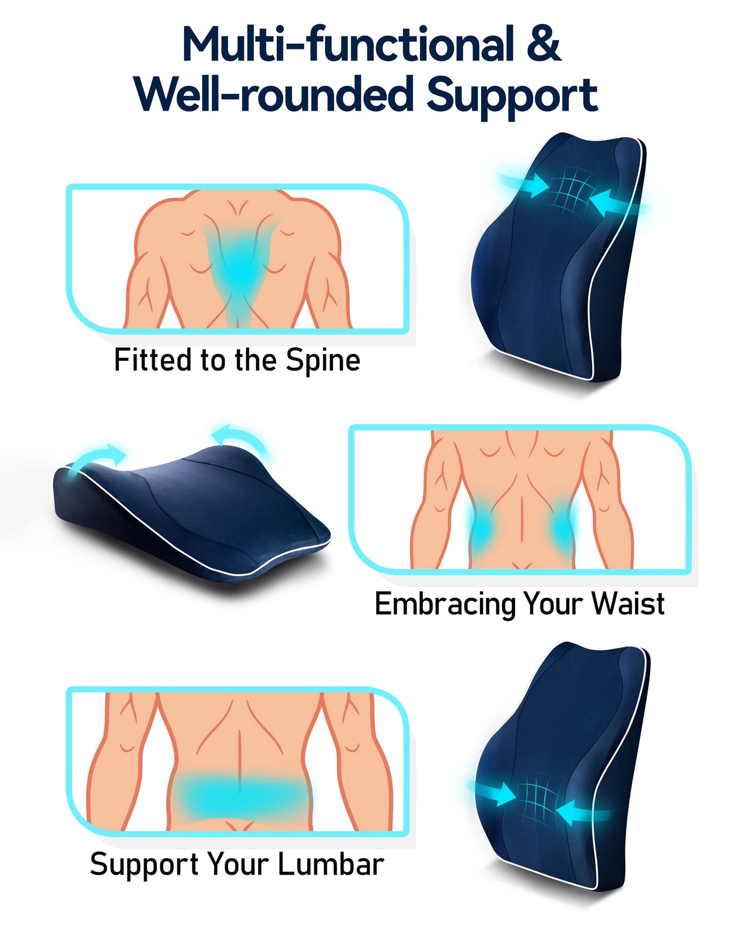 Travel Ease Cojín de Soporte Lumbar Ergonómico, Respaldo de Espuma Viscoelástica para Asiento de Automóvil, Silla de Oficina, Respaldo con Cubierta Antiestática y Correas Ajustables Dobles, Negro