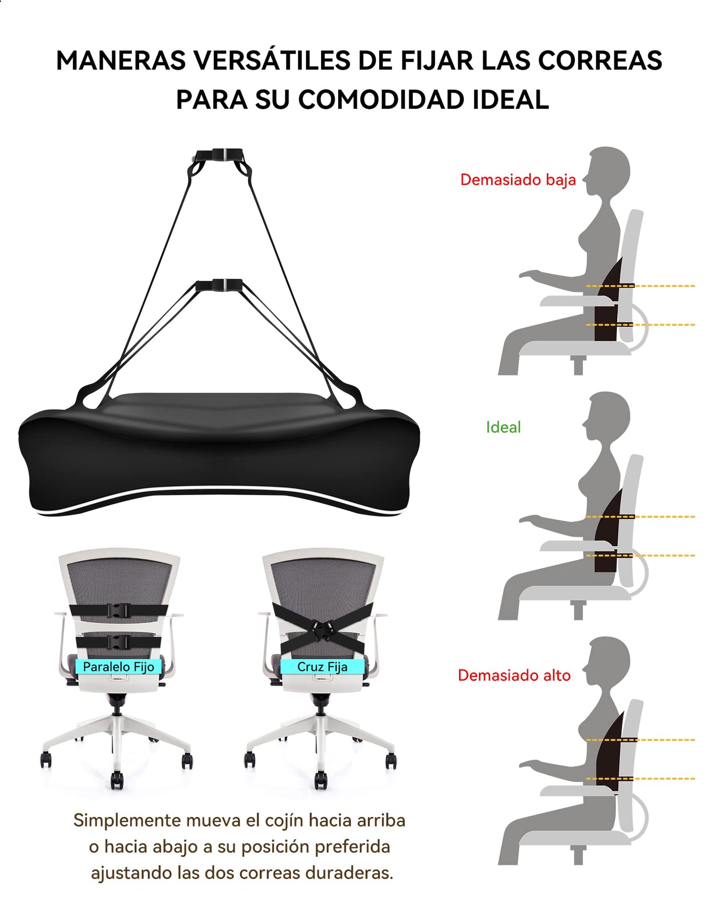 Travel Ease Cojín de Soporte Lumbar Ergonómico, Respaldo de Espuma Viscoelástica para Asiento de Automóvil, Silla de Oficina, Respaldo con Cubierta Antiestática y Correas Ajustables Dobles, Negro