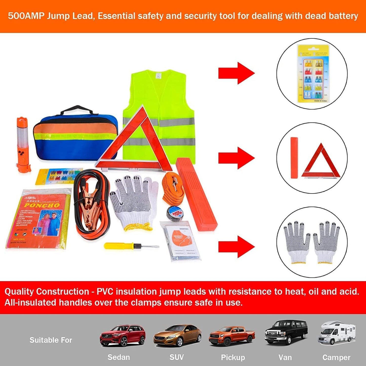 KAHEIGN 12 en 1 Kits de Emergencia para Automóviles, Kit de Reparación de Automóvile incluido Triángulo Peligroso, Visibilidad Chaleco, Remolque Cuerda, Martillo Utilitario, Plomo Salto, Coche Fusible