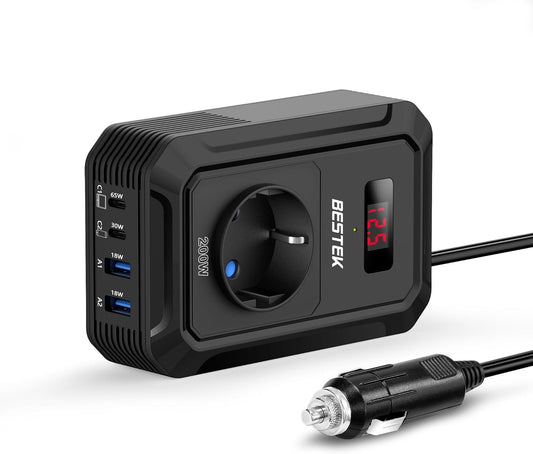 BESTEK Inversor 12v 220v Onda Pura 200W,Transformador 12V a 220V Convertidor Onda con 2 AC Tomas Y 2 USB-C (65 W y 30 W) 2 USB-QC (18 W) sinusoidal con Protección para Barco,Caravana,Coche（Negro）