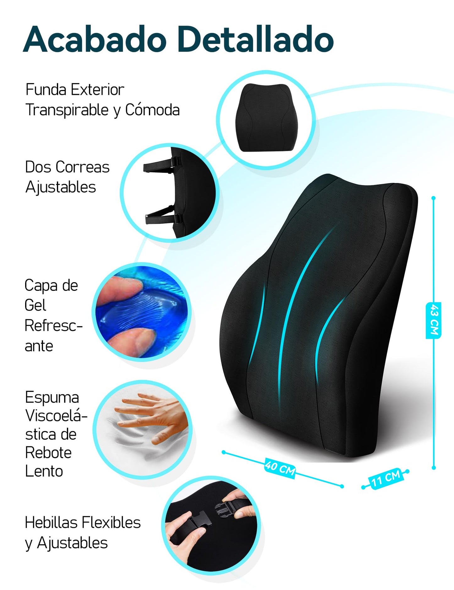 Travel Ease Cojín de Soporte Lumbar Ergonómico, Respaldo de Espuma Viscoelástica para Asiento de Automóvil, Silla de Oficina, Respaldo con Cubierta Antiestática y Correas Ajustables Dobles, Negro