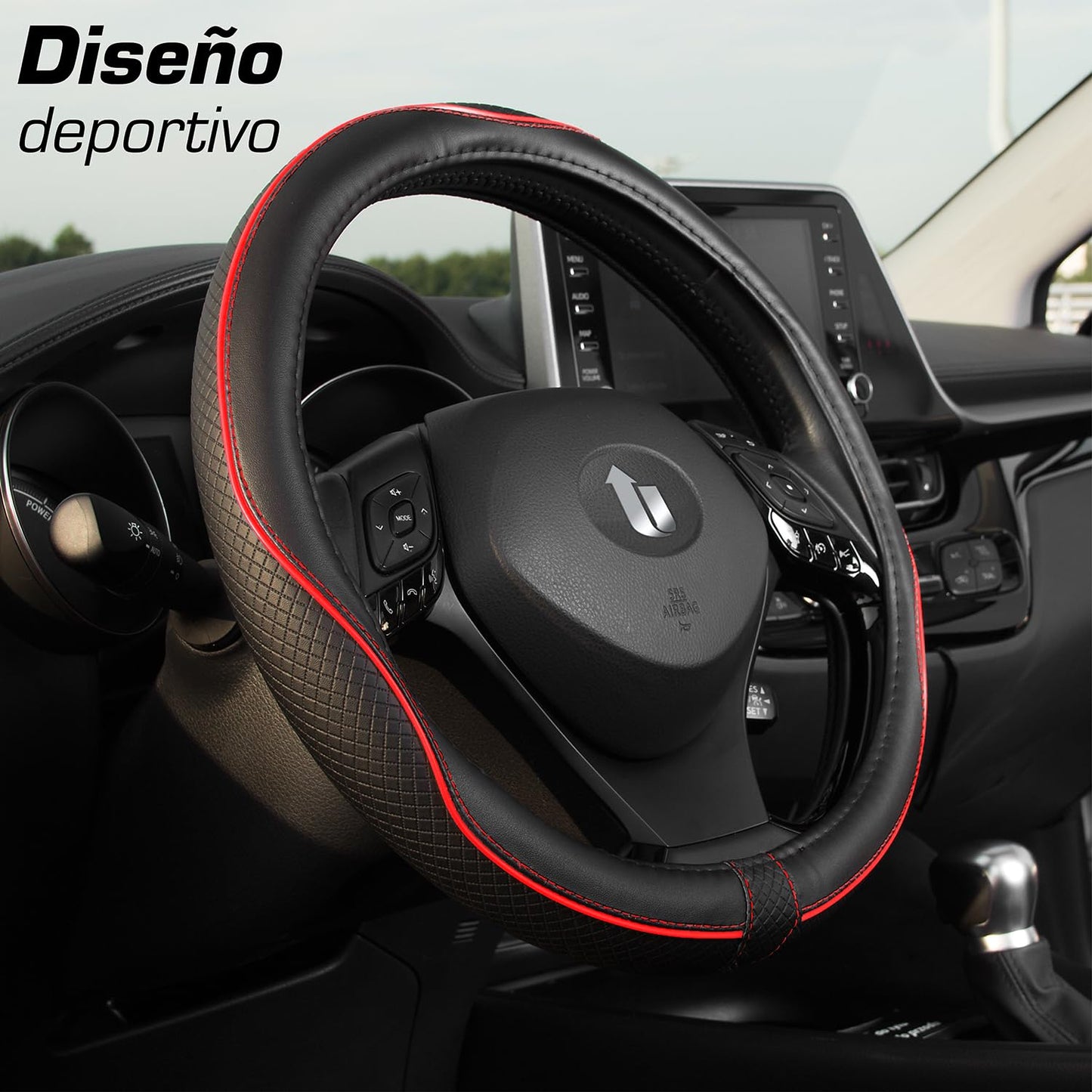 Upgrade4cars Funda Volante Coche Azul Negro Universal Poli-Piel | Cubre 37-38 cm Diámetro Exterior | Accesorios Coches Interior Decoracion Cubierta | Ideas Regalos