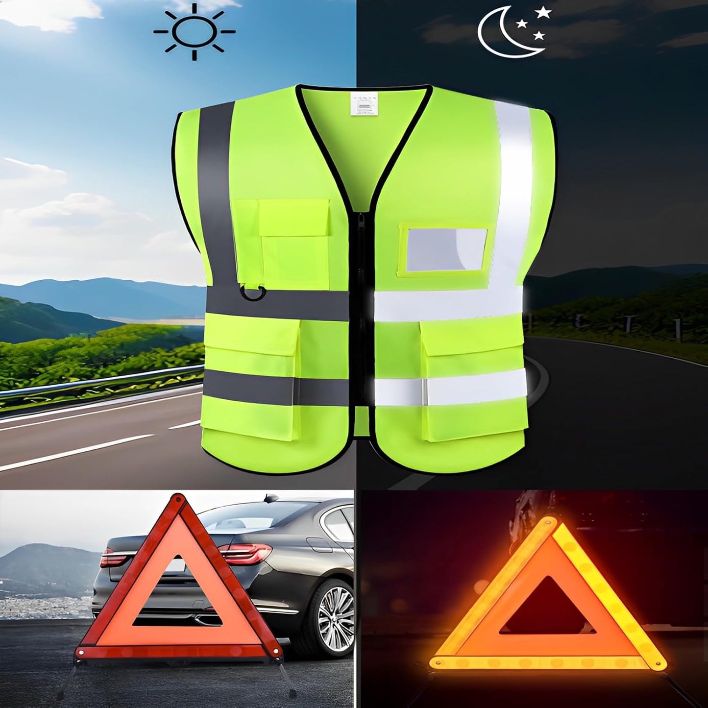 WTZWYFWJ 2 en 1 Kit Triangulos Coche Homologados y Chaleco Reflectante,Kit Emergencia Cochepara Emergencias y Averías,Plegable Triangulos Homologados y Chaleco Reflectante para Emergencias y Averías