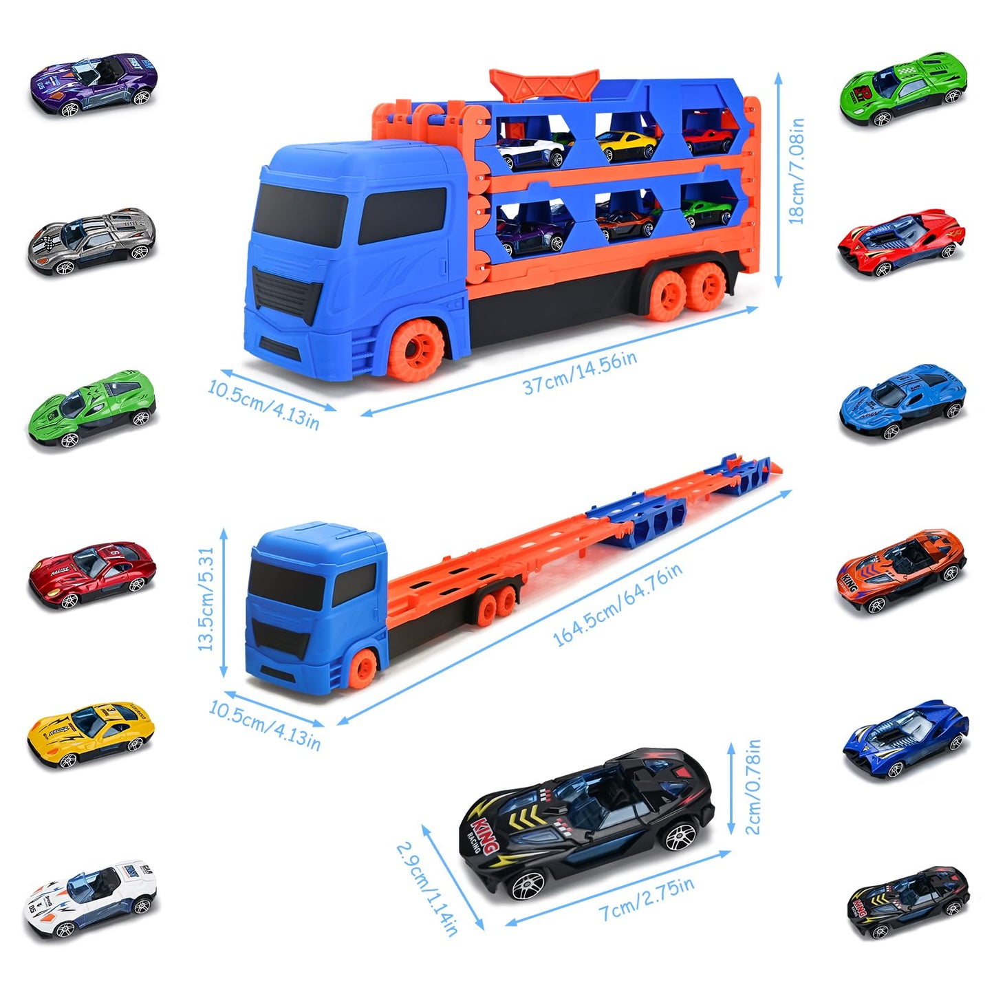Xoolkly Camiones de Juguete Eyección Pista de Carreras Camión Juguetes Portátil Camión de Transporte Juguetes Niños 3 Años con 12 Mini Vehículos Coches Juguete para Niños 3 4 5 Años, Roja