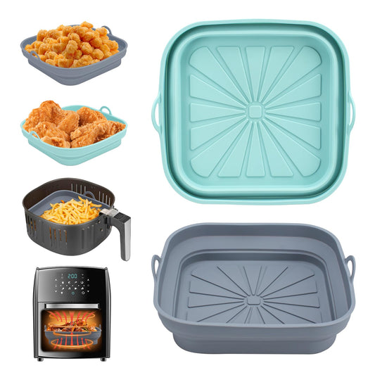 Alyvisun 2 Piezas Bandeja Accesorios para Freidora sin Aceite Reutilizable Recipientes Cuadrado Cesta Utensilios para Air Fryer, Microondas, Horno, Silicona, Azul+Gris