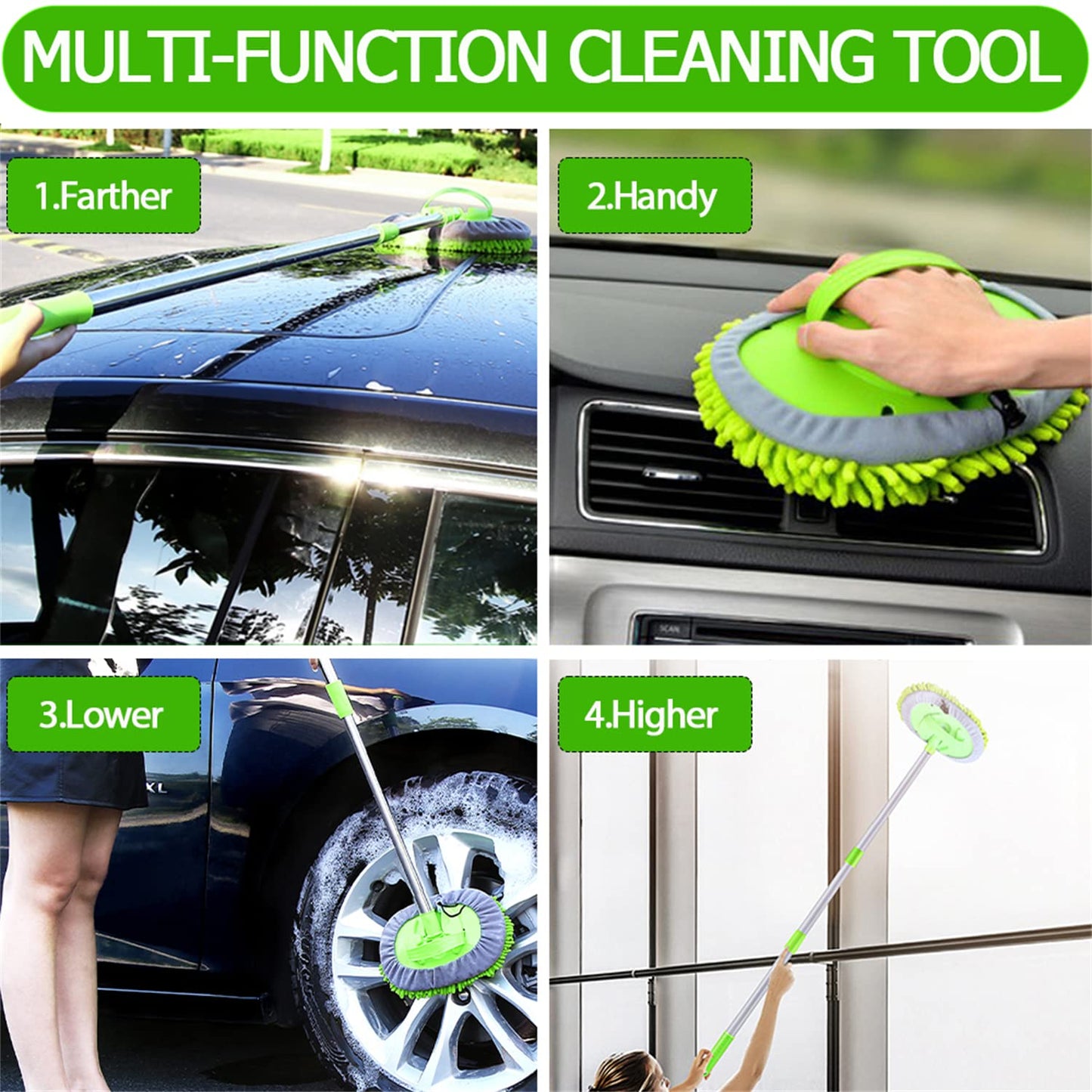 47.5" Cepillo Lavar Coche con Mango Brocha Kit Limpieza Autocaravana Automoviles Vehículos Camiones Camper 2 en 1 Chenille Microfibra Car Wash Brush Accesorios Carro No Dañar Pintura Libre Arañazos